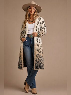 New direction duster OMBRE CARDIGAN KIMONO WESTERN sweater ANIMAL PRINT boho MED
